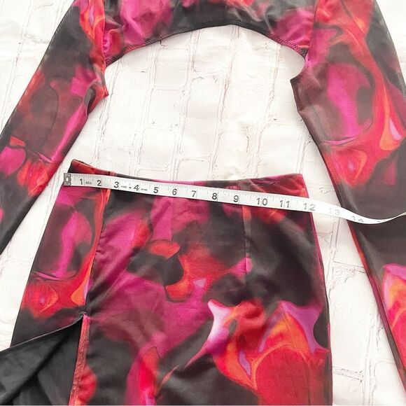 Sheer Mesh Floral 2 Piece Set | Red & Pink Y2K Clubwear Crop Top + Mini Skirt XS - Picture 7 of 16